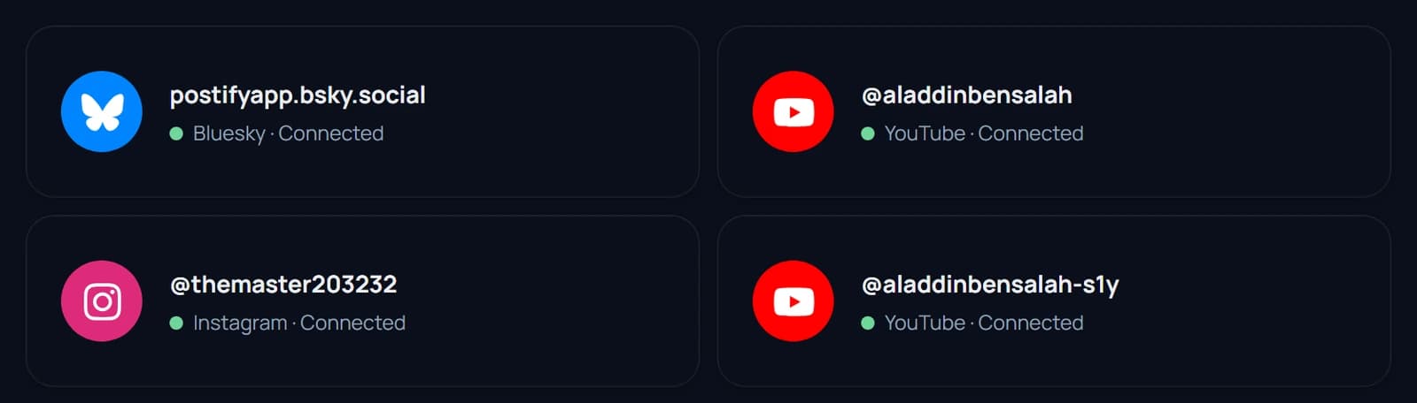 Postify channels page: Bluesky, YouTube and Instagram accounts listed as cards, each marked Connected
