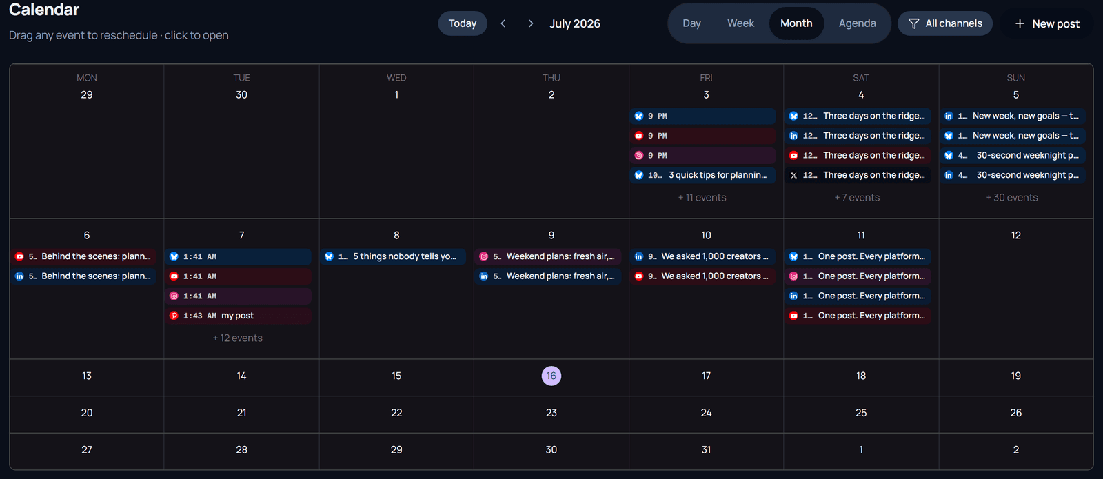 Postify calendar month view of July 2026 packed with platform-tagged scheduled posts, overflow chips, and Day, Week, Month and Agenda controls