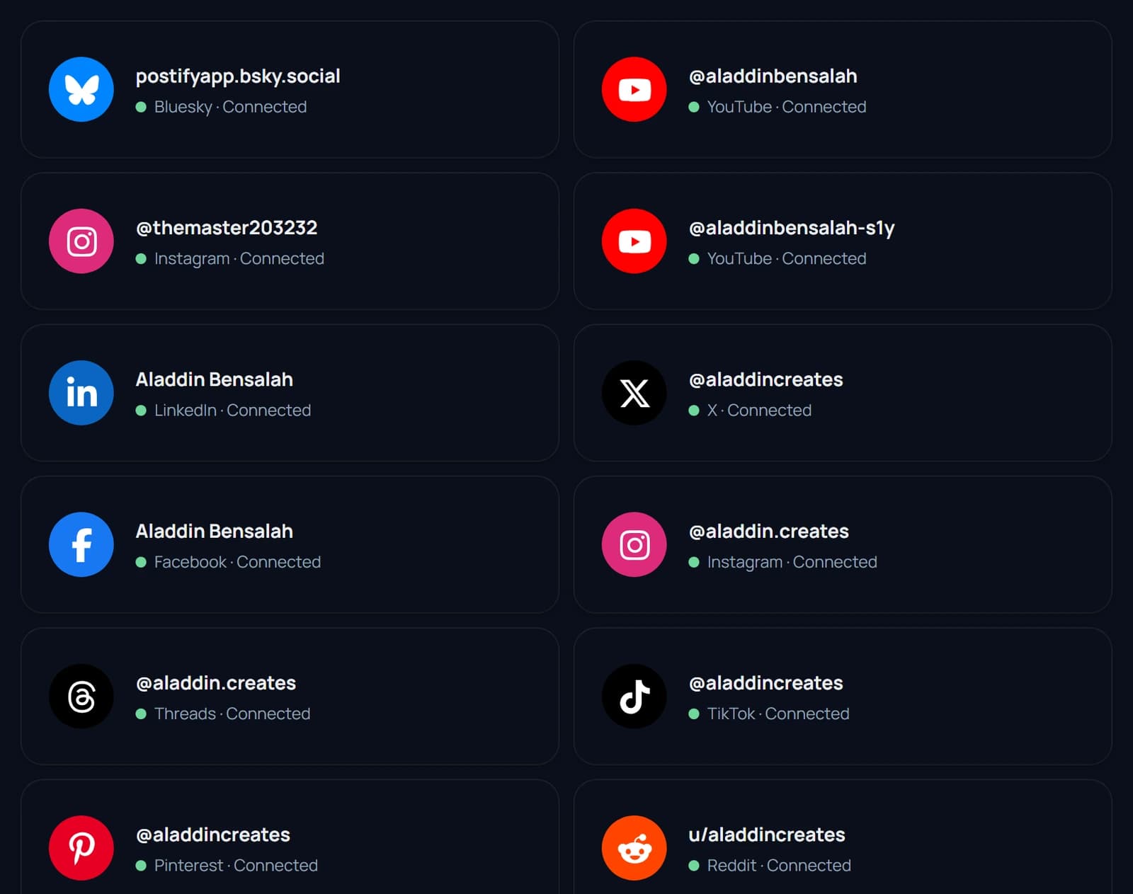 Postify channels page with 12 connected accounts across Bluesky, YouTube, Instagram, LinkedIn, X, Facebook, Threads, TikTok, Pinterest and Reddit, all showing green Connected status