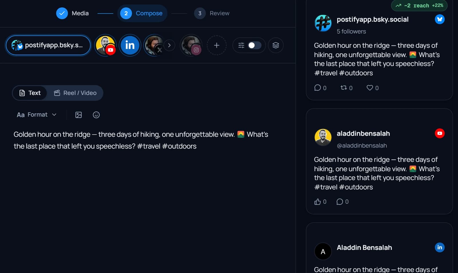 Postify composer: Media, Compose and Review steps, a channel row with Bluesky, YouTube, LinkedIn, X and Instagram accounts, a formatting toolbar, and live per-platform preview cards with a +22% reach badge