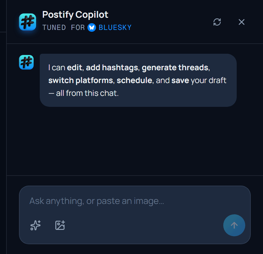 Postify Copilot panel tuned for Bluesky: the assistant offers to edit, add hashtags, generate threads, switch platforms, schedule and save the draft from chat